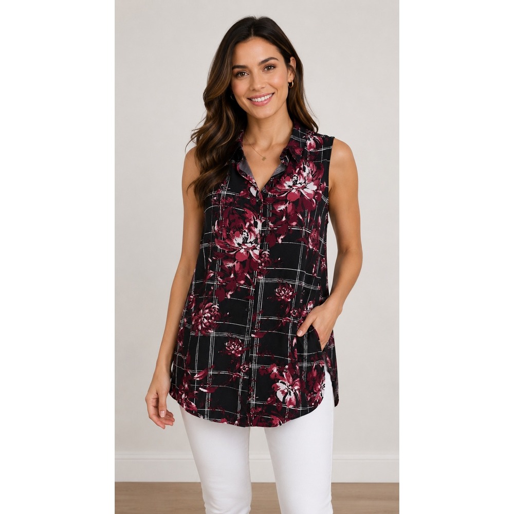 Avenue Women 14/16 Burgundy Floral Plaid Sleeveless Button Down Tunic Top NWOT
